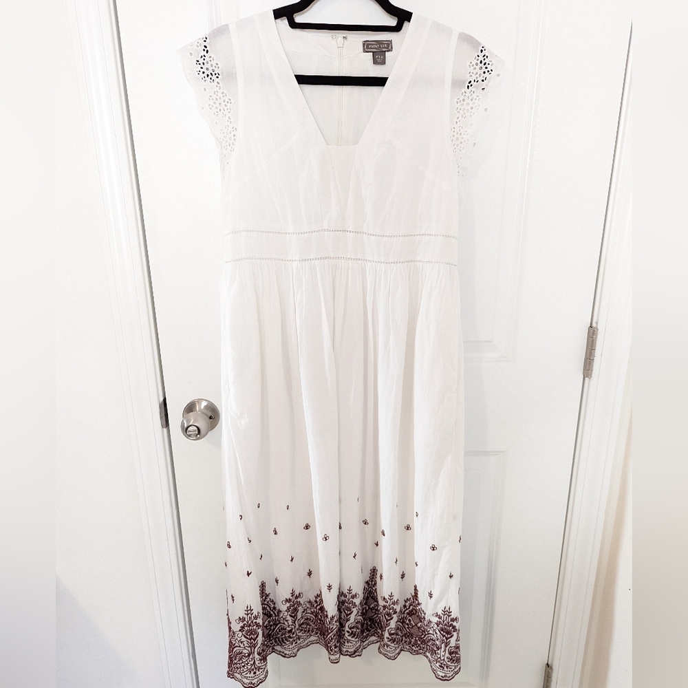 J. Crew Point Sur White and Burgundy Embroidered Midi Dress